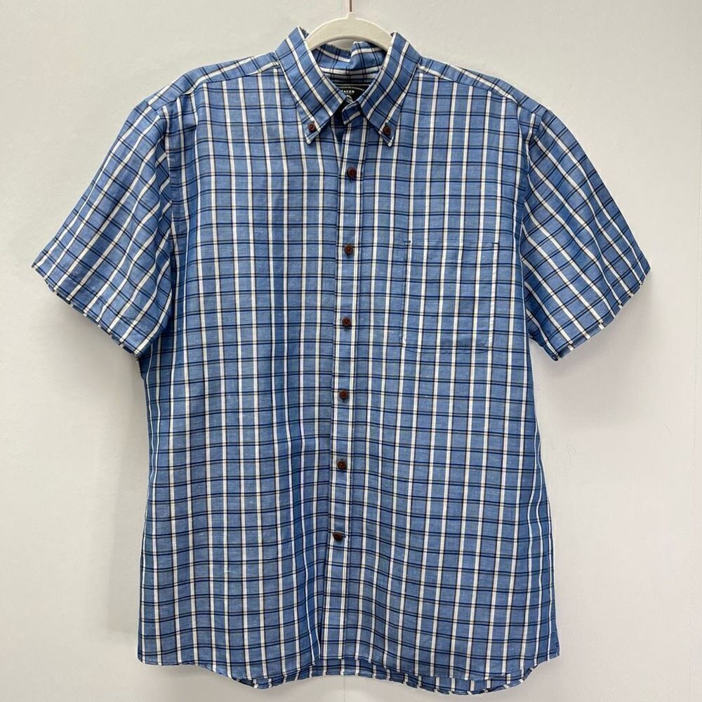 Maker & Company Linen Cotton Blend Blue Plaid Button Front Casual Shirt Size L